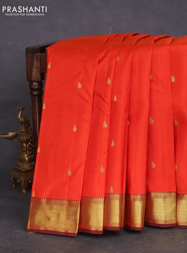 Pure kanchipuram silk saree orange and deep maroon with zari woven buttas and rich zari woven border
