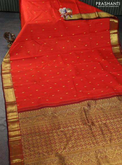 Pure kanchipuram silk saree orange and deep maroon with zari woven buttas and rich zari woven border