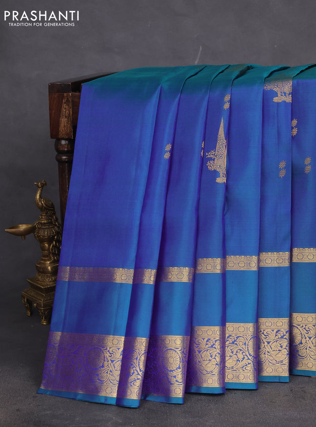 Pure kanchipuram silk saree dual shade of bluish green with zai woven buttas and reattapet zari woven border