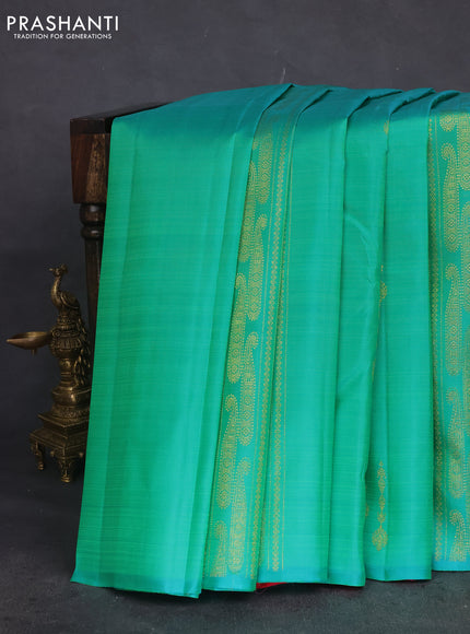 Pure kanchipuram silk saree dual shade of teal bluish green and pink with allover zariw weaves & buttas in borderless style
