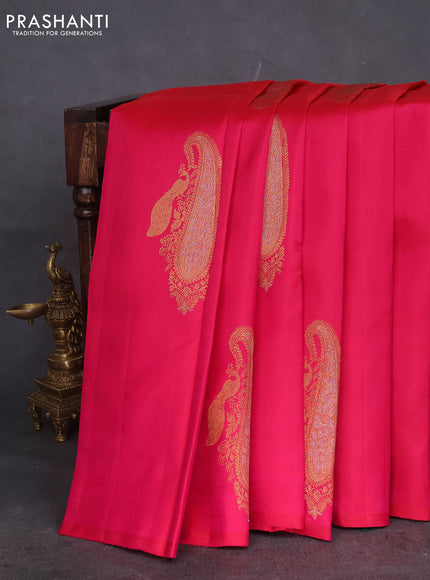 Pure kanchipuram silk saree dual shade of pink and green with zari woven buttas in borderless style