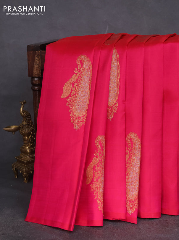 Pure kanchipuram silk saree dual shade of pink and green with zari woven buttas in borderless style