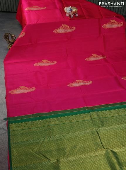 Pure kanchipuram silk saree dual shade of pink and green with zari woven buttas in borderless style