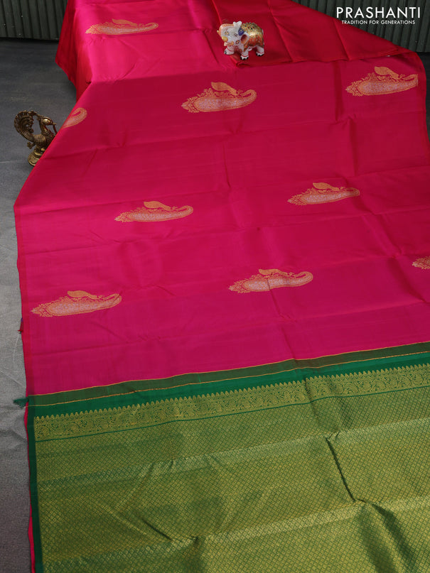 Pure kanchipuram silk saree dual shade of pink and green with zari woven buttas in borderless style