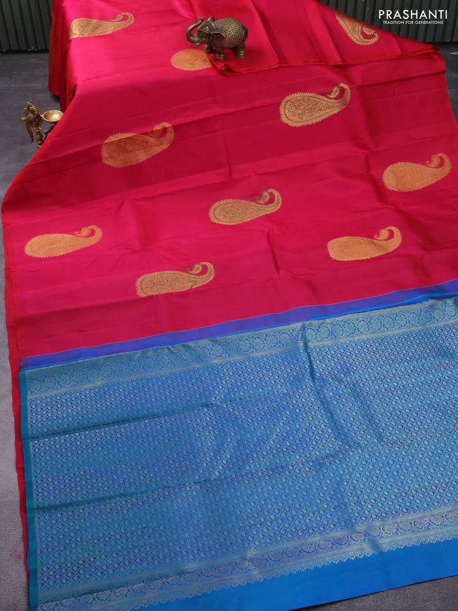 Pure kanchipuram silk saree dual shade of pink and dual shade of teal green with paisley zari woven buttas in borderless style
