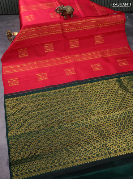Pure kanchipuram silk saree reddish pink and bottle green with allover zari weaves in borderless style