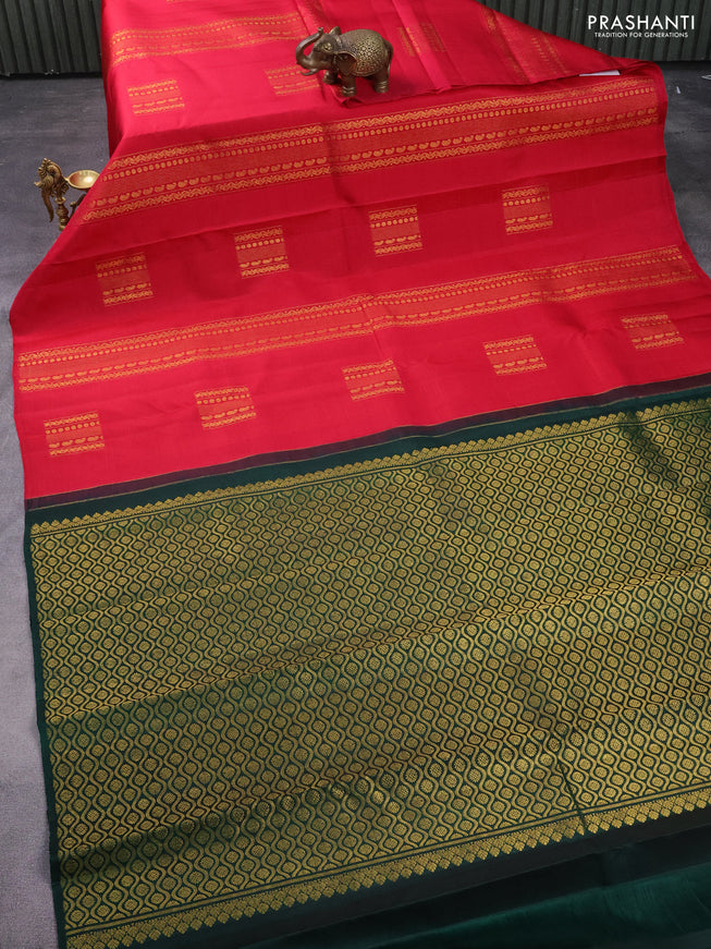 Pure kanchipuram silk saree reddish pink and bottle green with allover zari weaves in borderless style