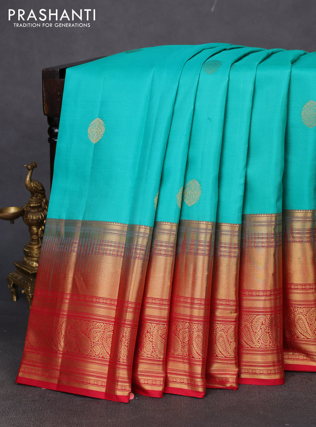 Pure kanchipuram silk saree teal blue and red with zari woven buttas and long zari woven korvai border