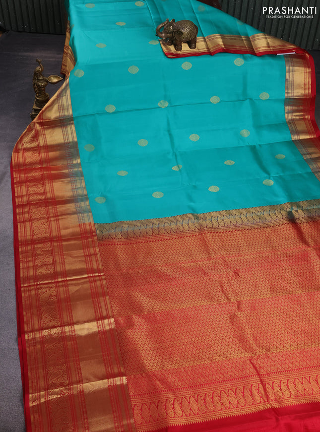 Pure kanchipuram silk saree teal blue and red with zari woven buttas and long zari woven korvai border