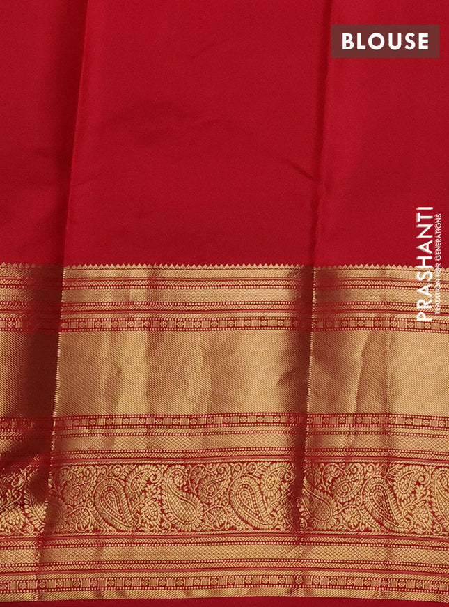 Pure kanchipuram silk saree teal blue and red with zari woven buttas and long zari woven korvai border