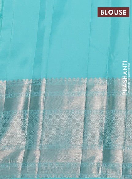 Pure kanchipuram silk saree teal blue with allover silver zari weaves and long silver zari woven border