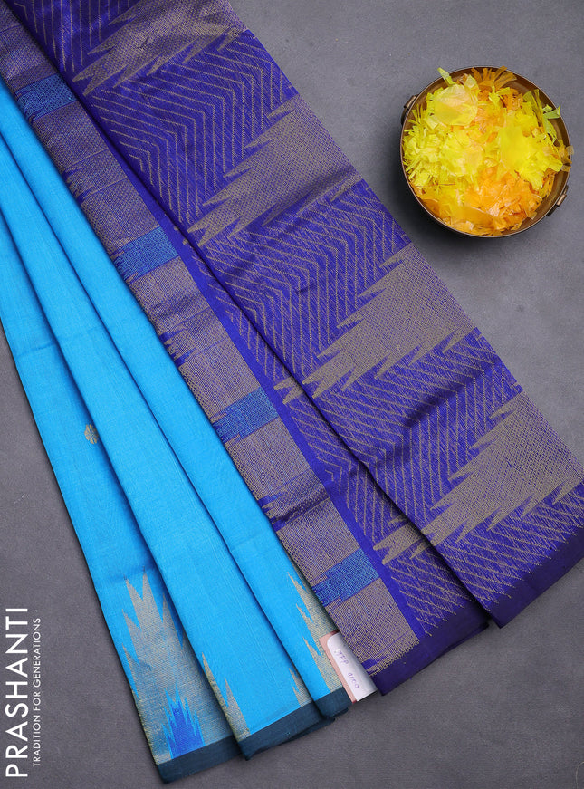 Silk cotton saree blue and dark blue with zari woven buttas and temple design zari woven butta border