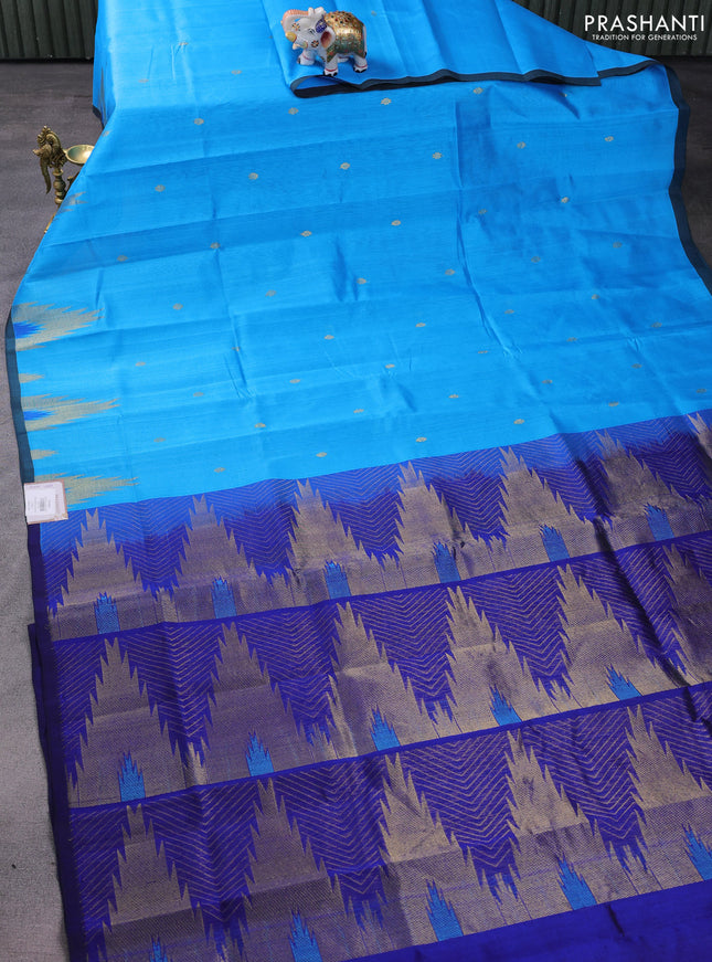 Silk cotton saree blue and dark blue with zari woven buttas and temple design zari woven butta border