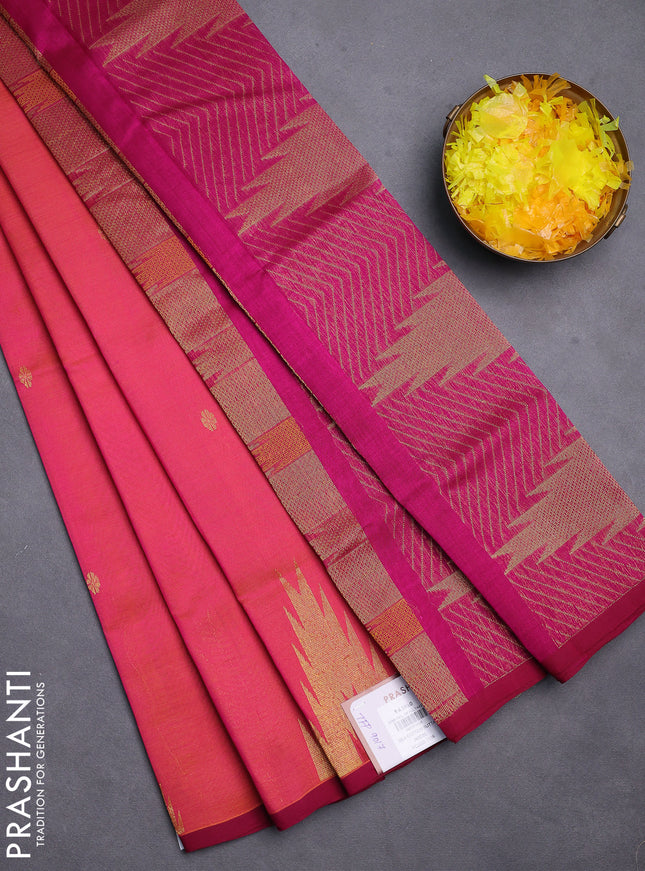 Silk cotton saree dual shade of pinkish orange and magenat pink with zari woven buttas and temple design zari woven butta border