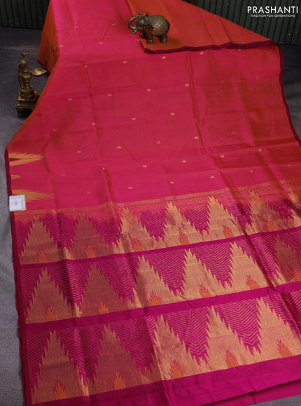 Silk cotton saree dual shade of pinkish orange and magenat pink with zari woven buttas and temple design zari woven butta border