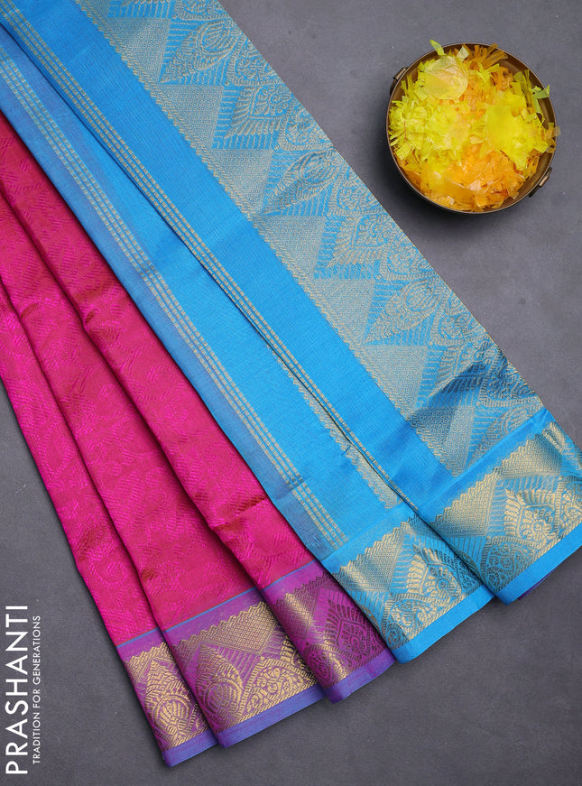 Silk cotton saree dual shade of pink and blue with allover self emboss jacquard and zari woven border