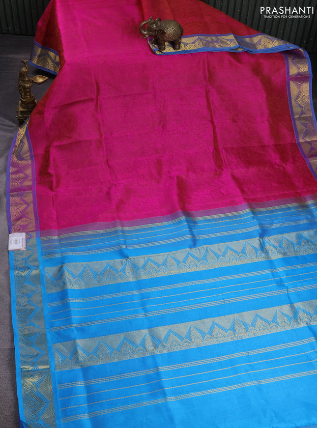 Silk cotton saree dual shade of pink and blue with allover self emboss jacquard and zari woven border