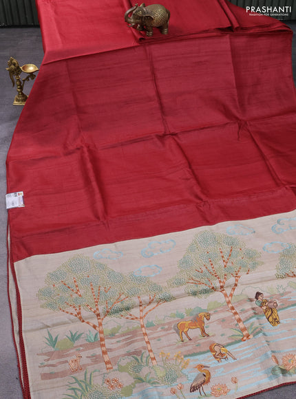 Pure tussar silk saree maroon and beige with plain body and embroidery pallu