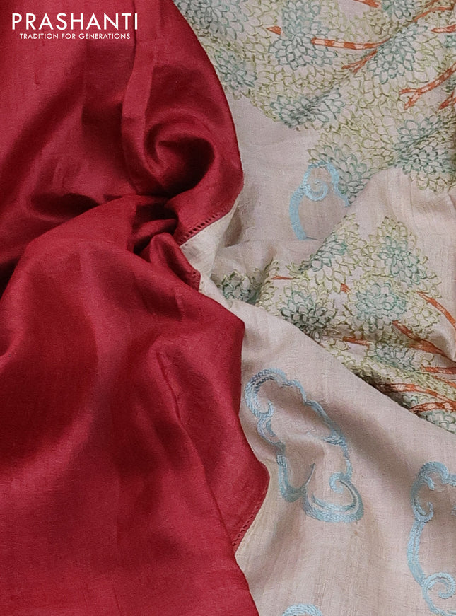 Pure tussar silk saree maroon and beige with plain body and embroidery pallu