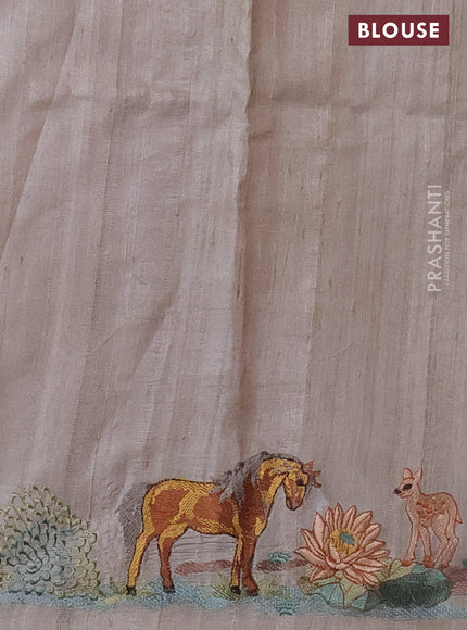 Pure tussar silk saree maroon and beige with plain body and embroidery pallu