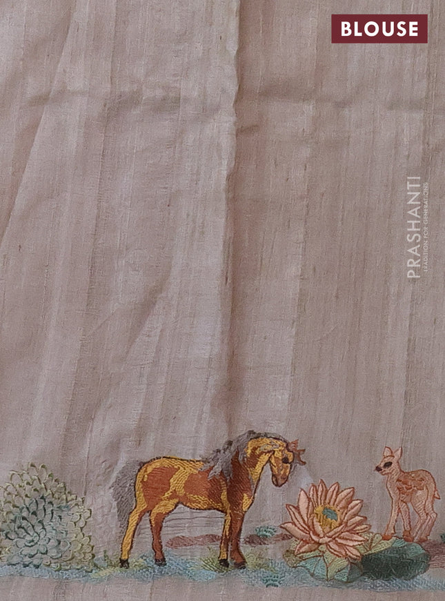 Pure tussar silk saree maroon and beige with plain body and embroidery pallu