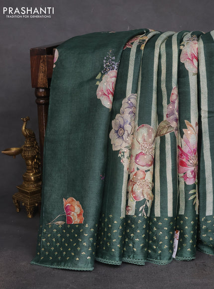 Pure tussar silk saree bottle green with allover stripes pattern floral prints & pita work and sequin work border