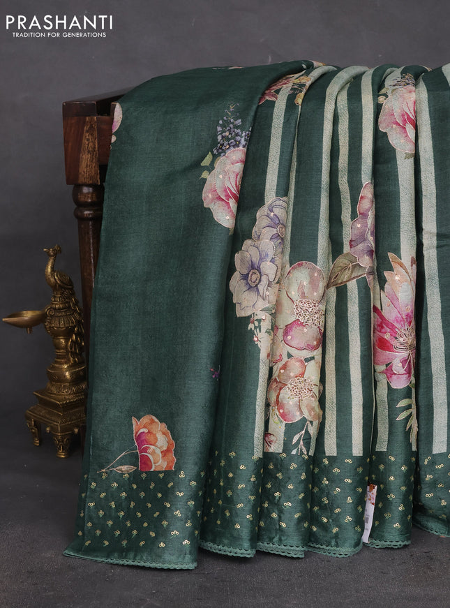 Pure tussar silk saree bottle green with allover stripes pattern floral prints & pita work and sequin work border