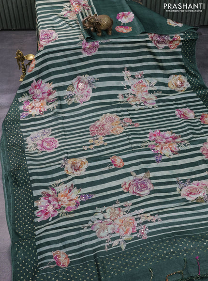 Pure tussar silk saree bottle green with allover stripes pattern floral prints & pita work and sequin work border