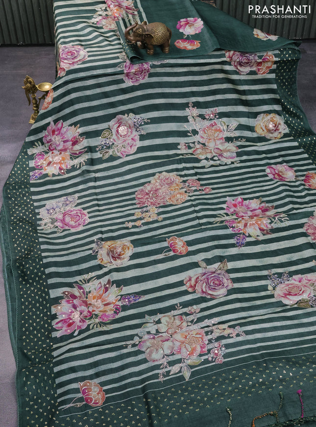 Pure tussar silk saree bottle green with allover stripes pattern floral prints & pita work and sequin work border