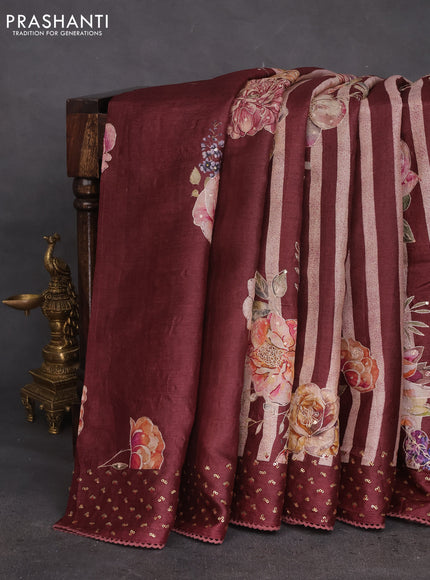 Pure tussar silk saree maroon with allover stripes pattern floral prints & pita work and sequin work border