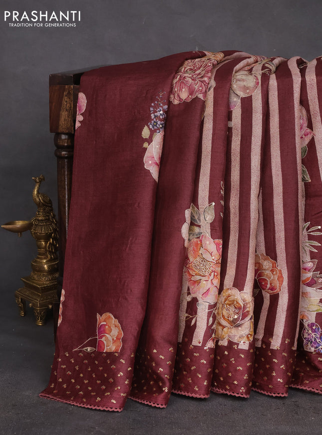 Pure tussar silk saree maroon with allover stripes pattern floral prints & pita work and sequin work border