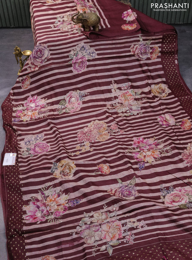 Pure tussar silk saree maroon with allover stripes pattern floral prints & pita work and sequin work border