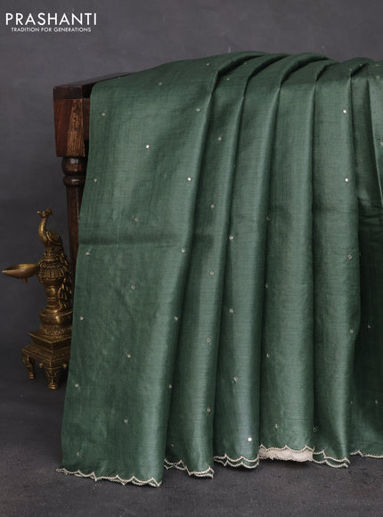 Pure tussar silk saree cream and sap green with applique work & mirror work and scallop border