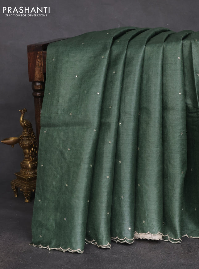 Pure tussar silk saree cream and sap green with applique work & mirror work and scallop border