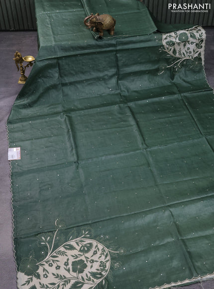 Pure tussar silk saree cream and sap green with applique work & mirror work and scallop border