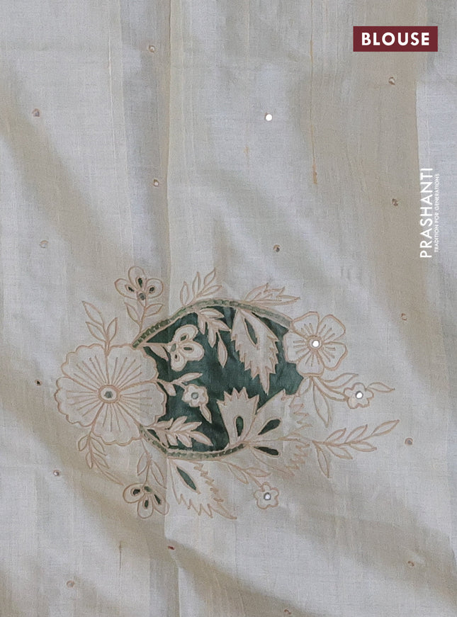 Pure tussar silk saree cream and sap green with applique work & mirror work and scallop border