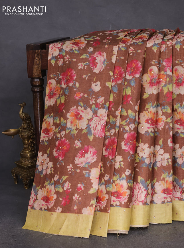 Pure tussar silk saree rust shade and pale yellow with allover prints & mirror work and printed border