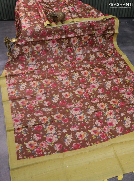 Pure tussar silk saree rust shade and pale yellow with allover prints & mirror work and printed border