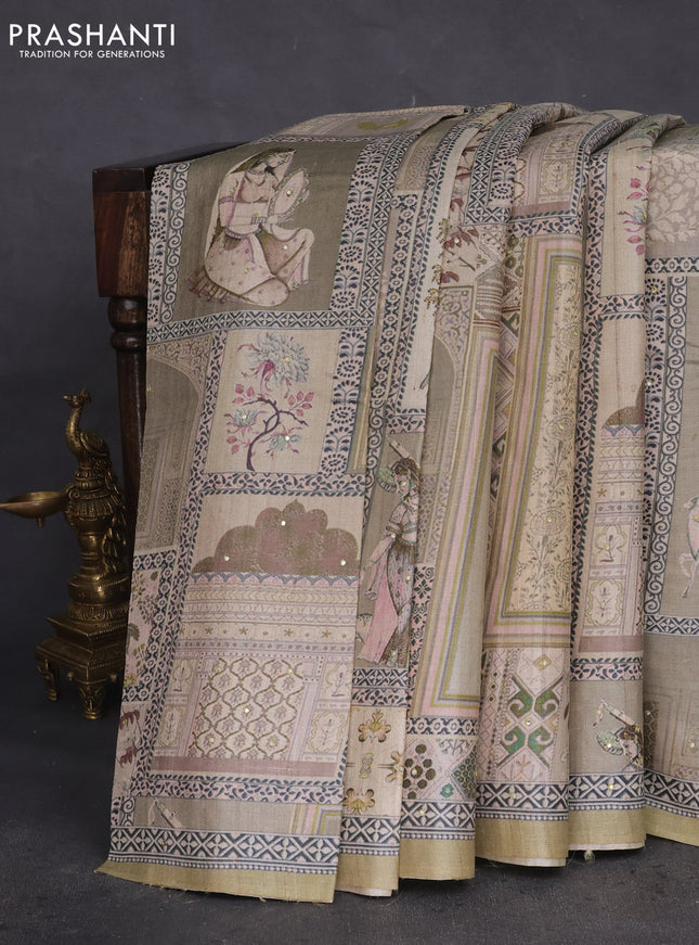 Pure tussar silk saree elaichi green with allover prints & mirror work and printed border