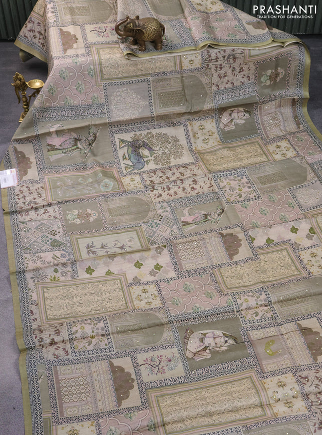 Pure tussar silk saree elaichi green with allover prints & mirror work and printed border