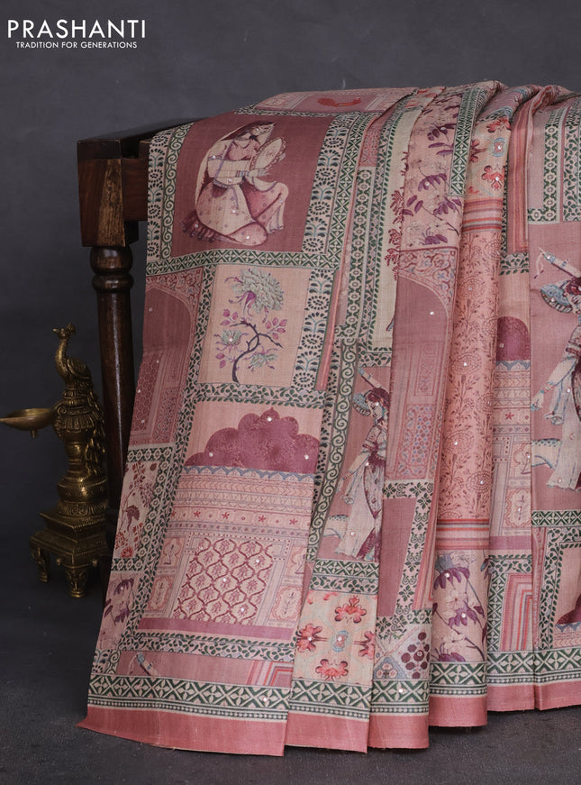 Pure tussar silk saree peach shade with allover prints & mirror work and printed border