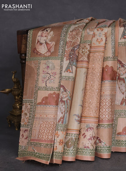 Pure tussar silk saree dark sandal with allover prints & mirror work and printed border