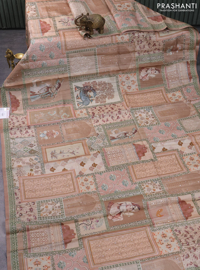 Pure tussar silk saree dark sandal with allover prints & mirror work and printed border