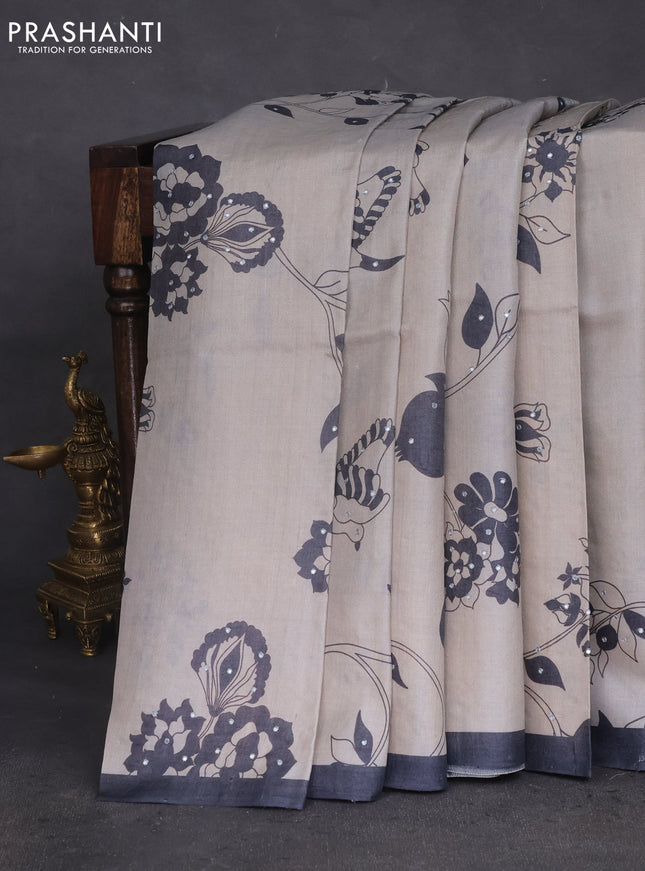 Pure tussar silk saree pastel grey and elephant grey with allover prints & mirror work and piping border