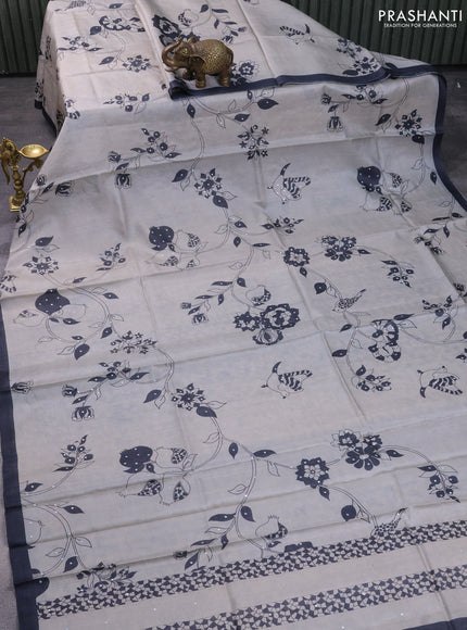 Pure tussar silk saree pastel grey and elephant grey with allover prints & mirror work and piping border