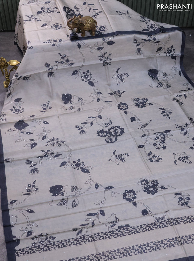 Pure tussar silk saree pastel grey and elephant grey with allover prints & mirror work and piping border