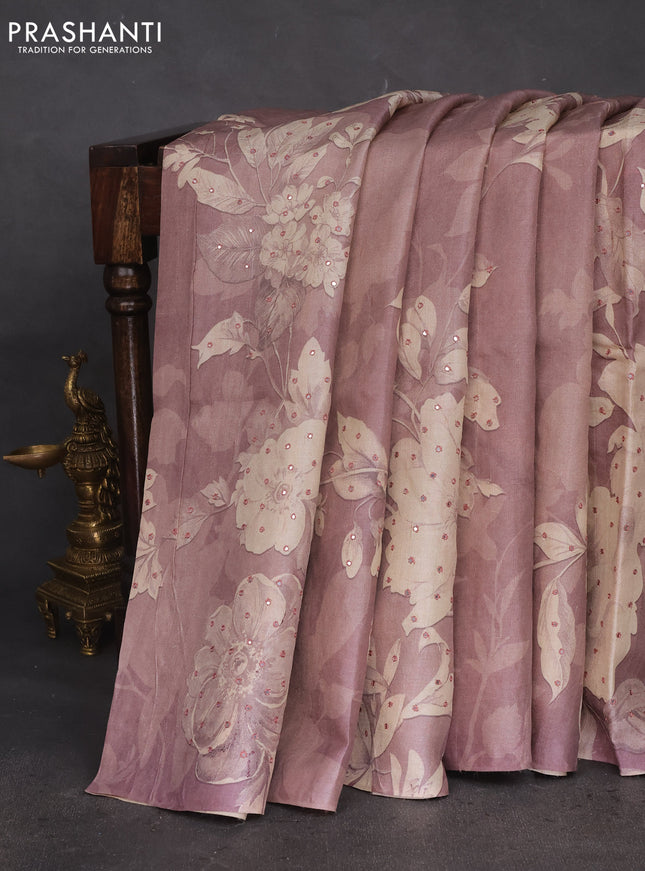 Pure tussar silk saree mauve pink with floral prints & mirror work in borderless style