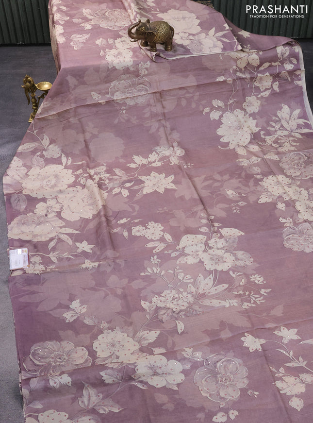 Pure tussar silk saree mauve pink with floral prints & mirror work in borderless style