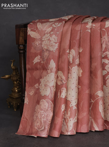 Pure tussar silk saree peach shade with floral prints & mirror work in borderless style