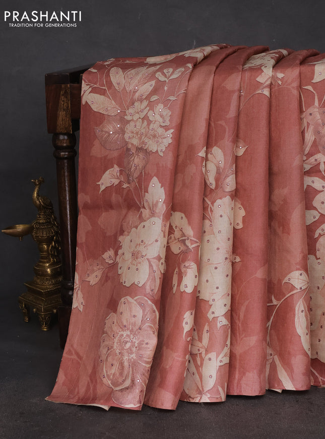 Pure tussar silk saree peach shade with floral prints & mirror work in borderless style